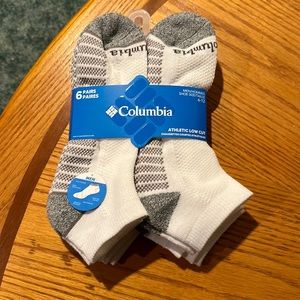 Columbia socks. Men’s athletic low cut. White. Size 6-12. New. 6 pairs